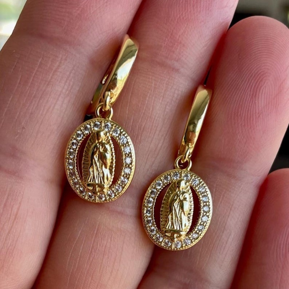 Gold Virgin Mary Earrings: Crystal Our Lady of Guadalupe Medallion